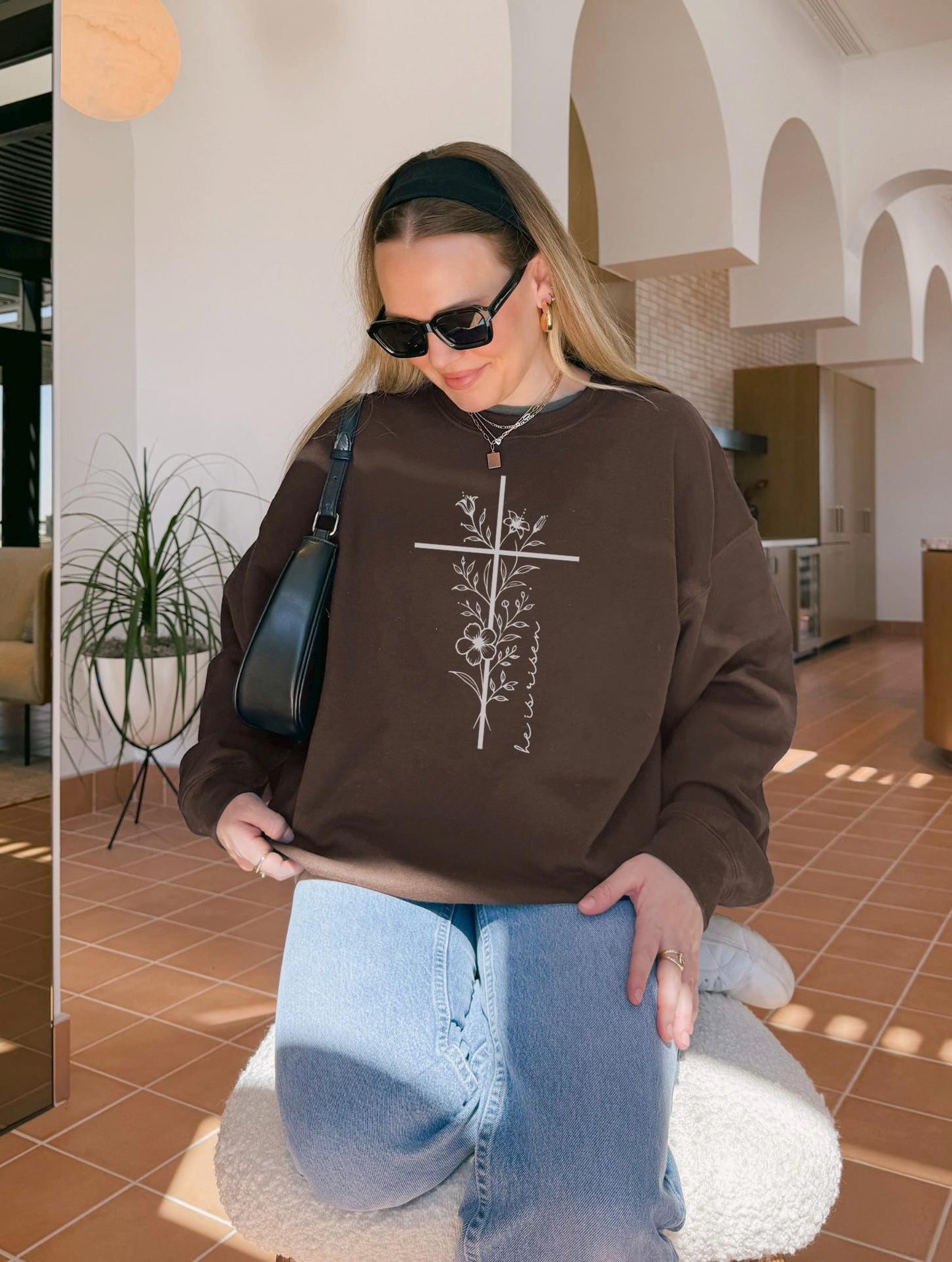 Floral Cross Christian Sweatshirt: Faith Over Fear, He is Risen