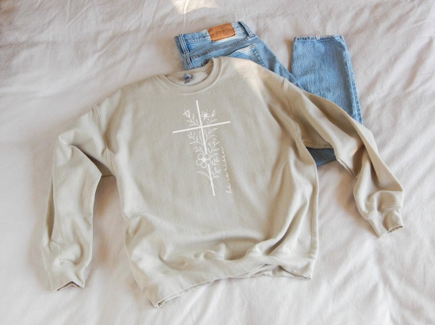 Floral Cross Christian Sweatshirt: Faith Over Fear, He is Risen