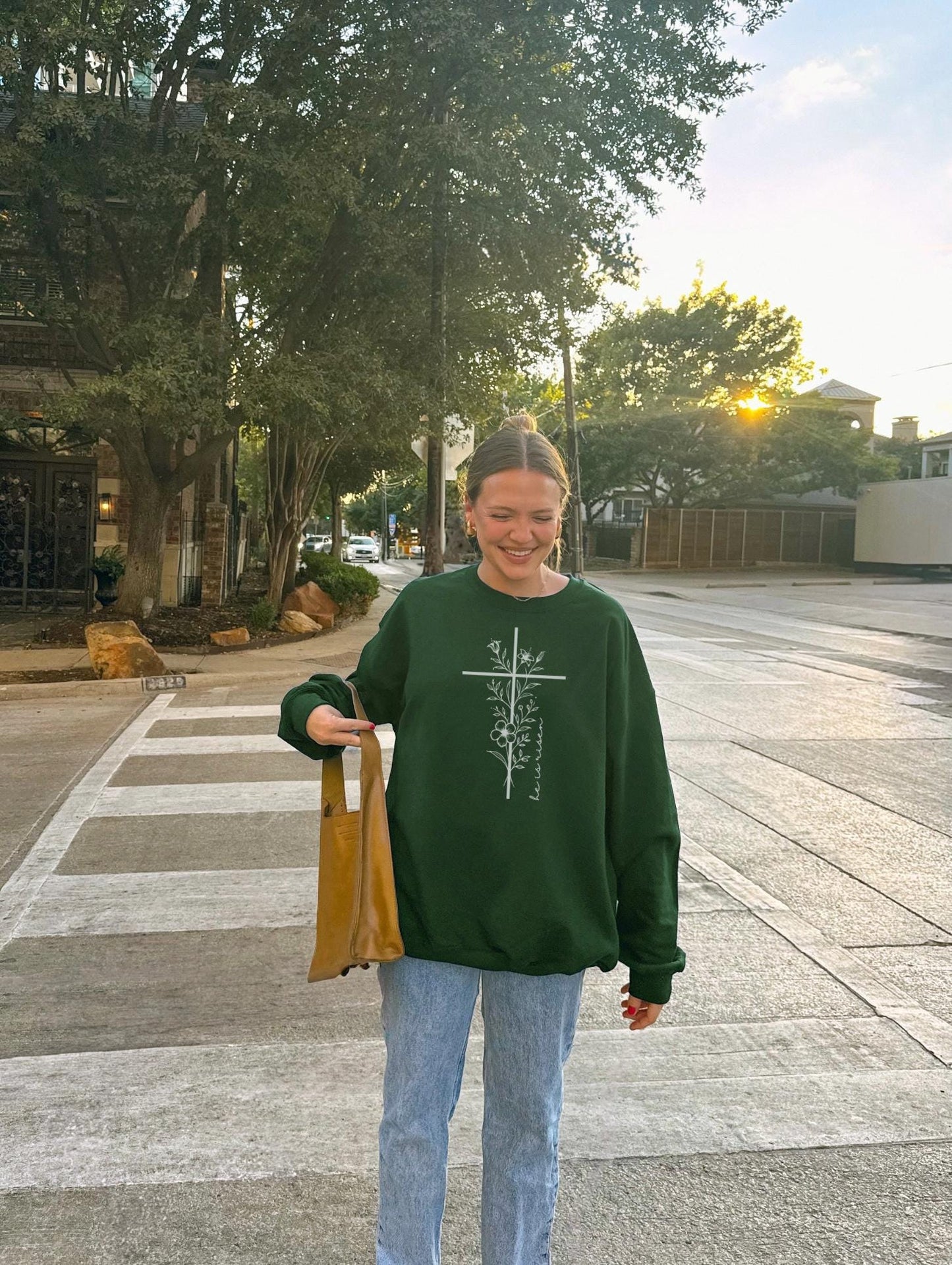 Floral Cross Christian Sweatshirt: Faith Over Fear, He is Risen