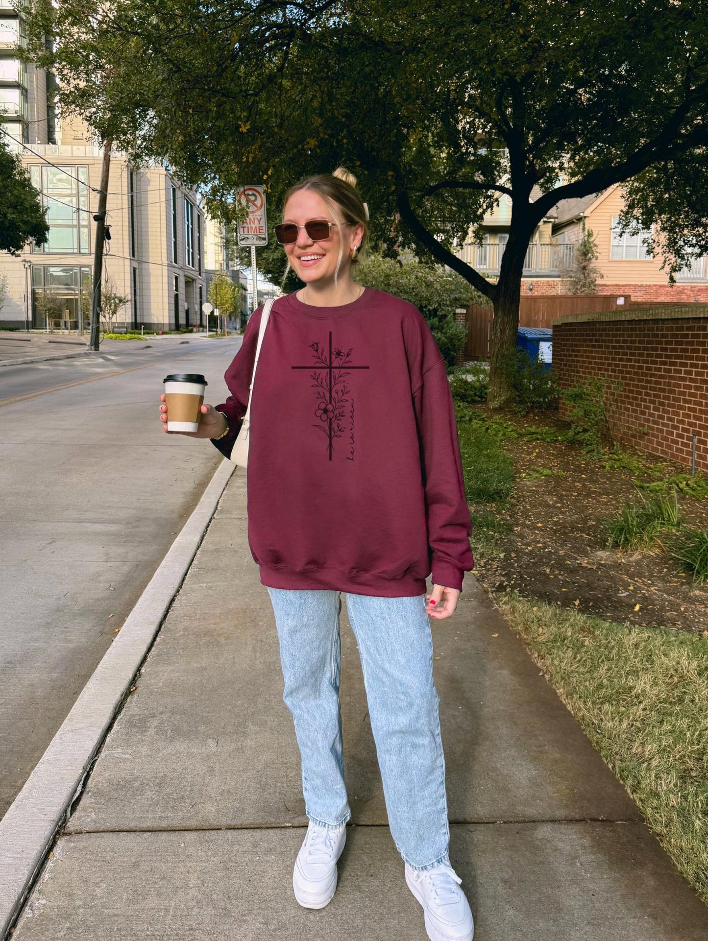 Floral Cross Christian Sweatshirt: He is Risen Easter Apparel