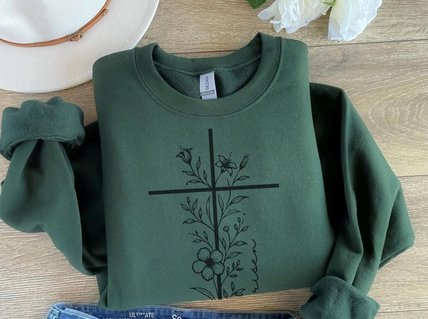 Floral Cross Christian Sweatshirt: He is Risen Easter Apparel