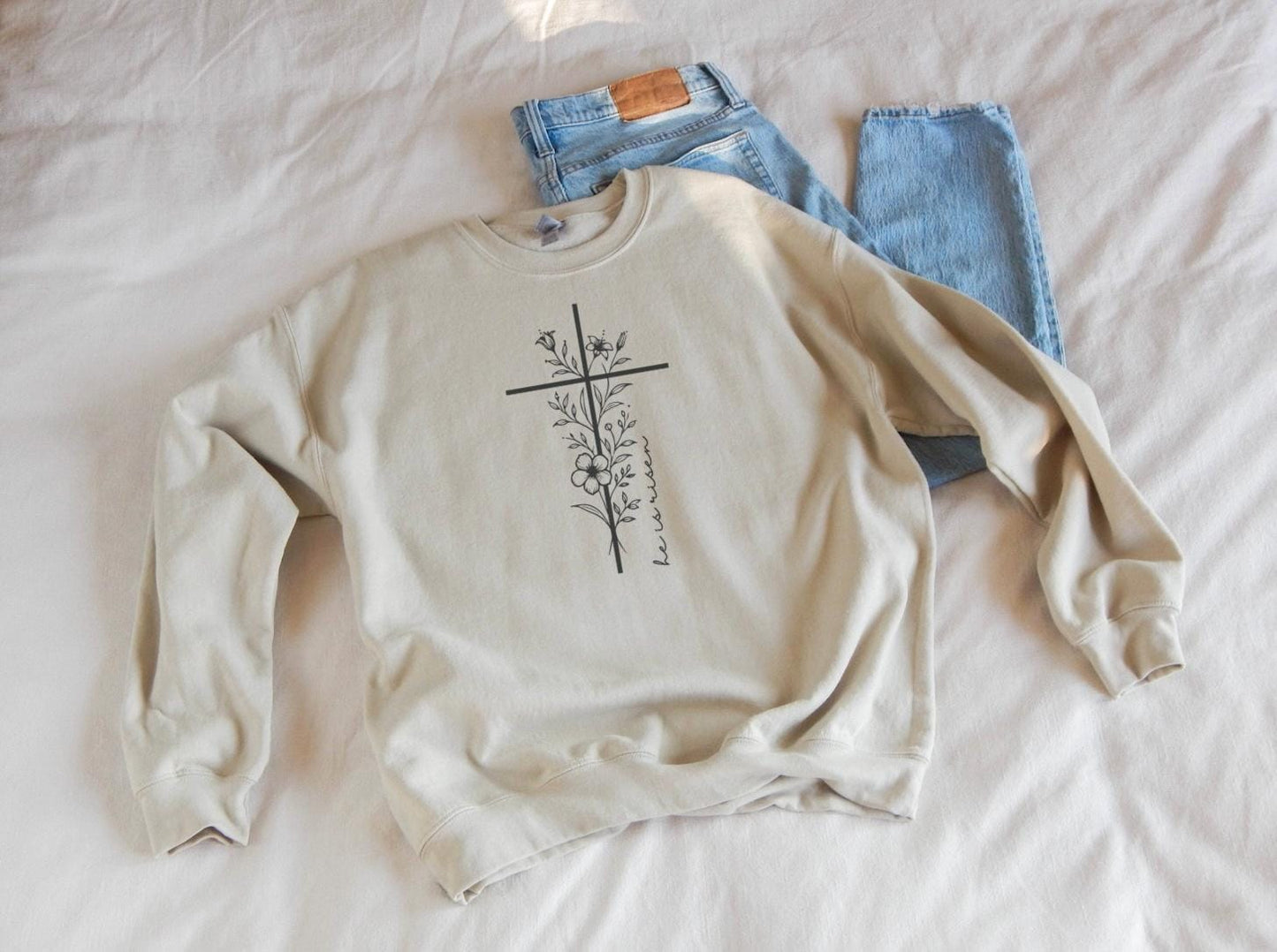 Floral Cross Christian Sweatshirt: He is Risen Easter Apparel