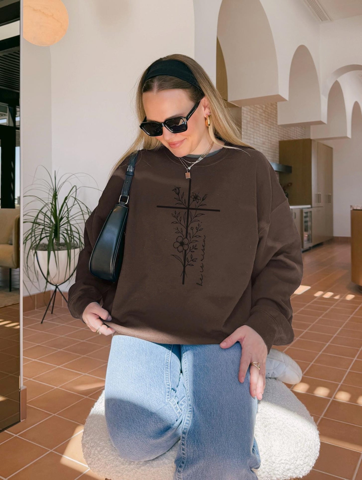 Floral Cross Christian Sweatshirt: He is Risen Easter Apparel
