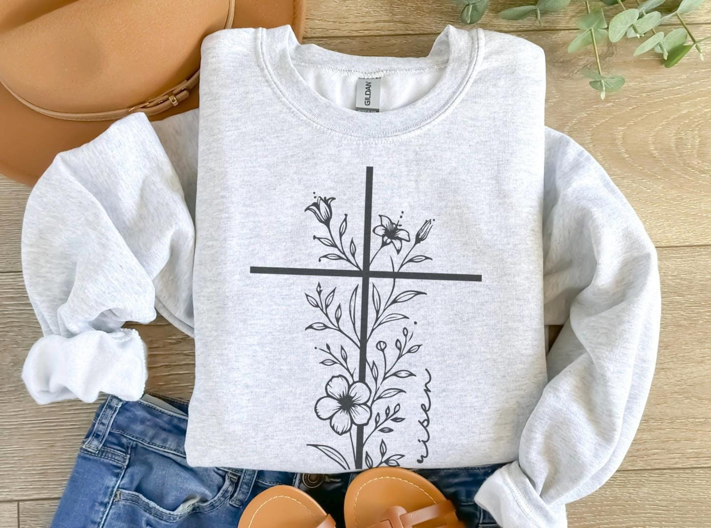 Floral Cross Christian Sweatshirt: He is Risen Easter Apparel