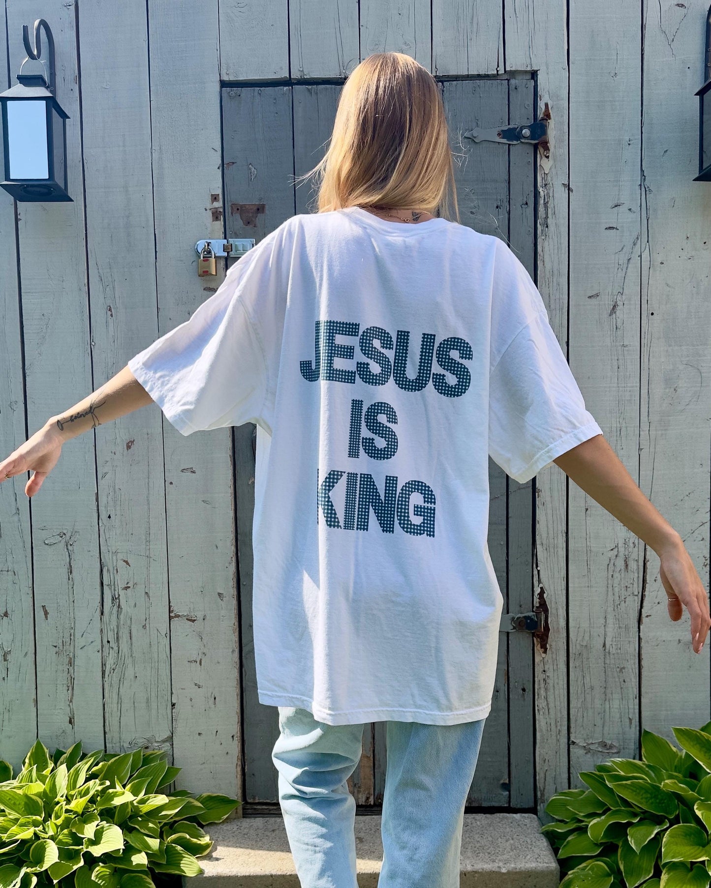 Jesus Is King Gingham T-Shirt: Christian Faith-Based Tee