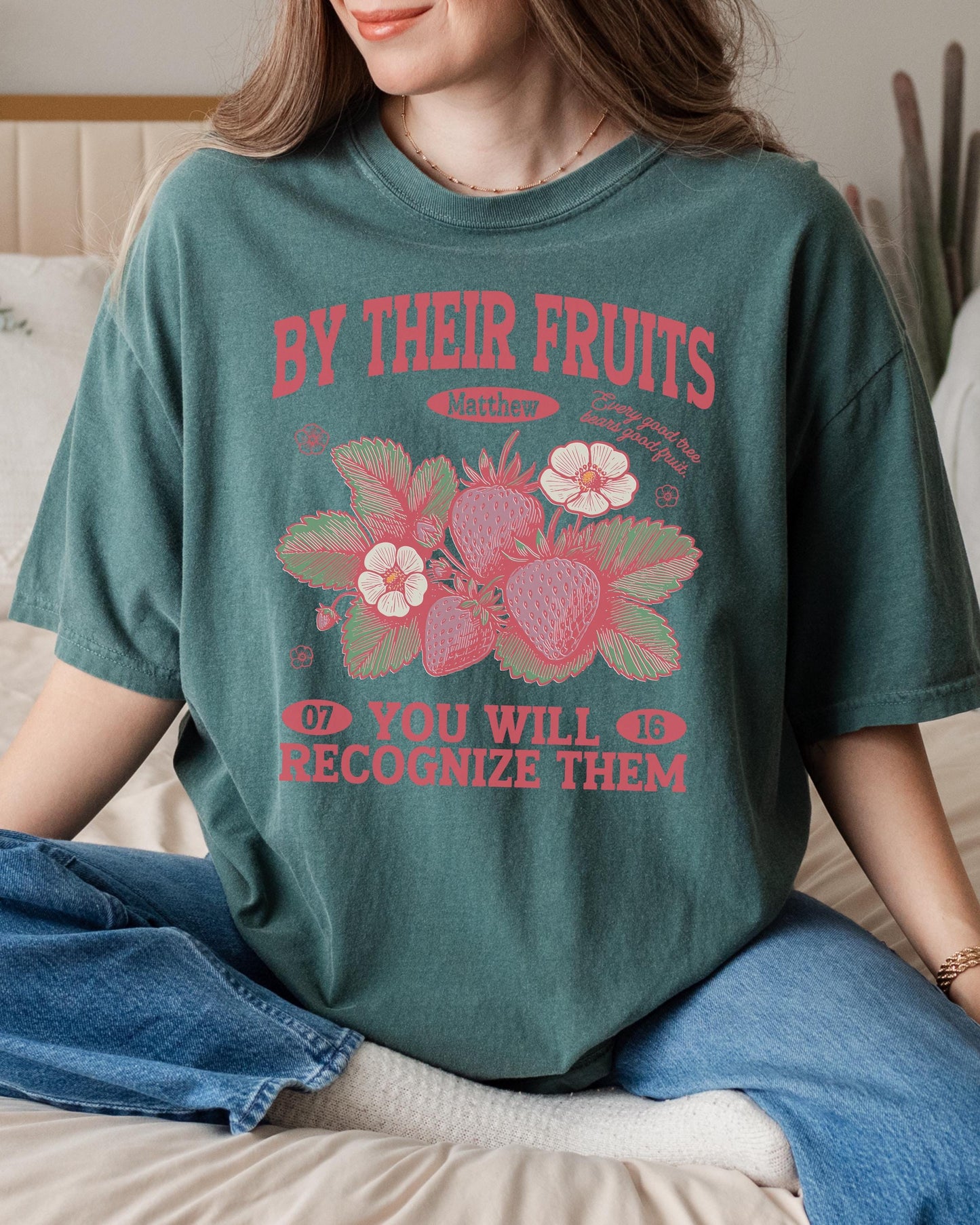 By Their Fruits Bible Verse T-Shirt, Christian Graphic Tee, Matthew 7:16 Scripture Shirt, Faith Based Tee, Fruit of the Spirit Tshirt