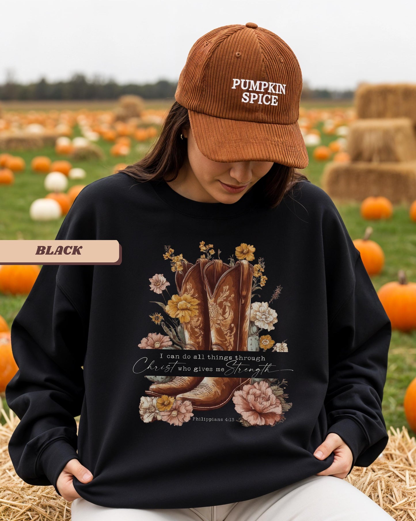 Philippians 4:13 fall Western Cowgirl Distressed Graphic Crewneck