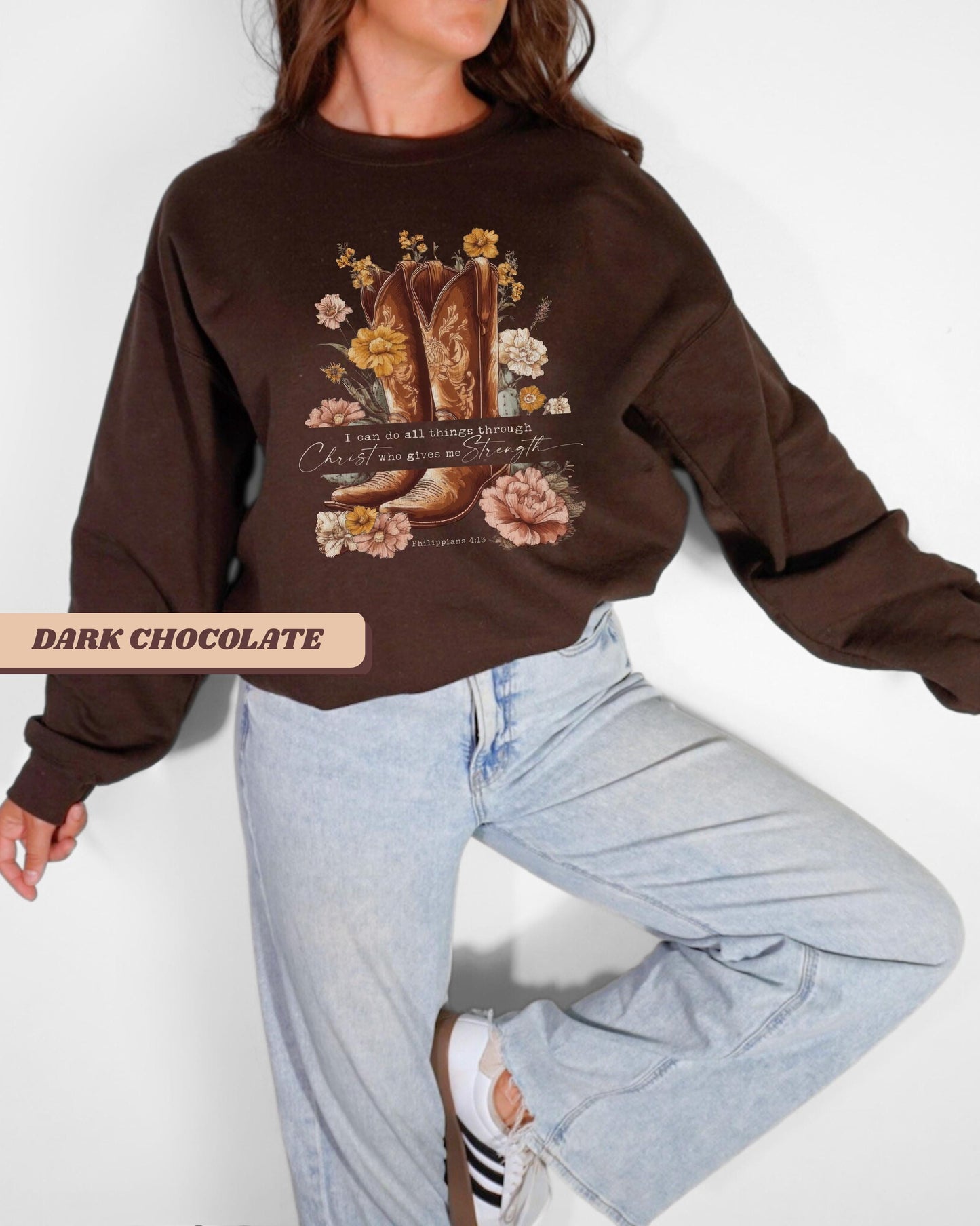 Philippians 4:13 fall Western Cowgirl Distressed Graphic Crewneck