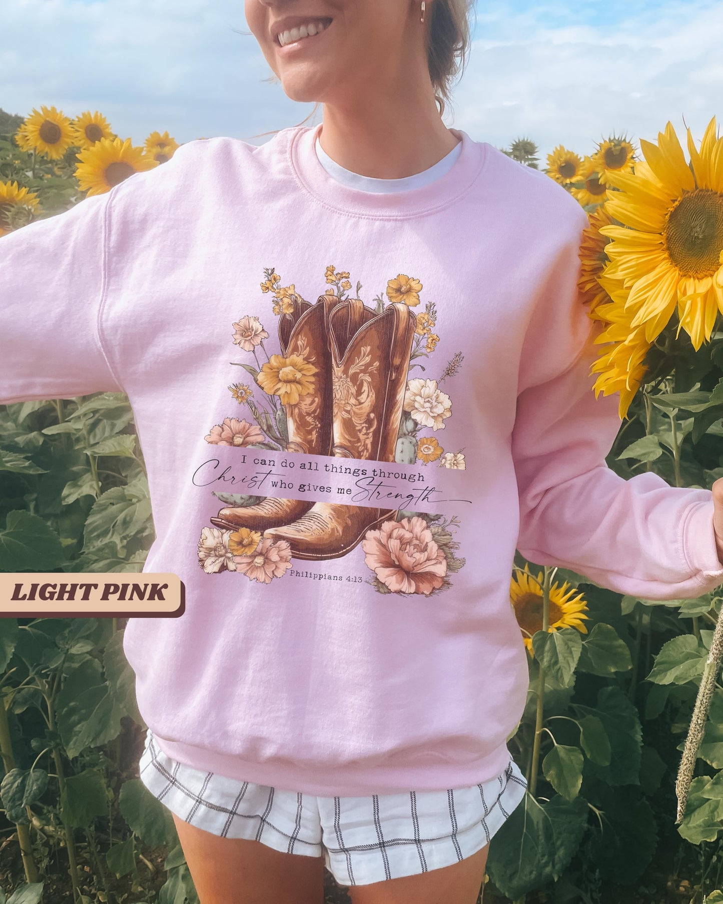 Philippians 4:13 fall Western Cowgirl Distressed Graphic Crewneck