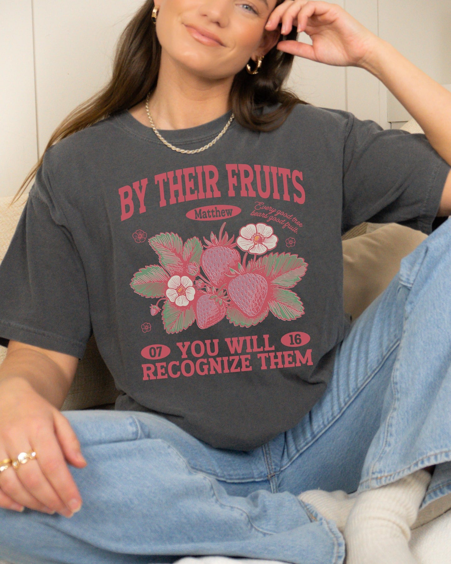 By Their Fruits Bible Verse T-Shirt, Christian Graphic Tee, Matthew 7:16 Scripture Shirt, Faith Based Tee, Fruit of the Spirit Tshirt