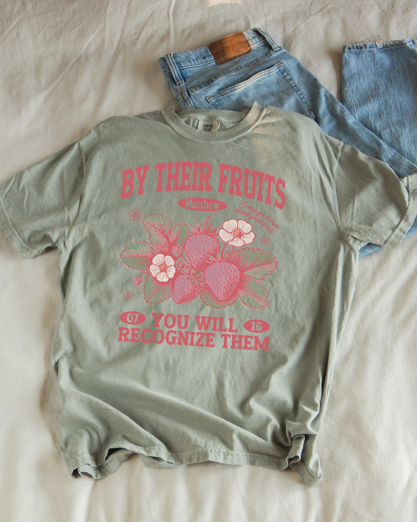 By Their Fruits Bible Verse T-Shirt, Christian Graphic Tee, Matthew 7:16 Scripture Shirt, Faith Based Tee, Fruit of the Spirit Tshirt