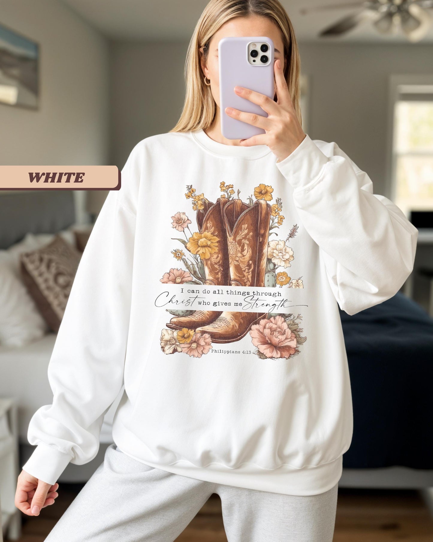 Philippians 4:13 fall Western Cowgirl Distressed Graphic Crewneck