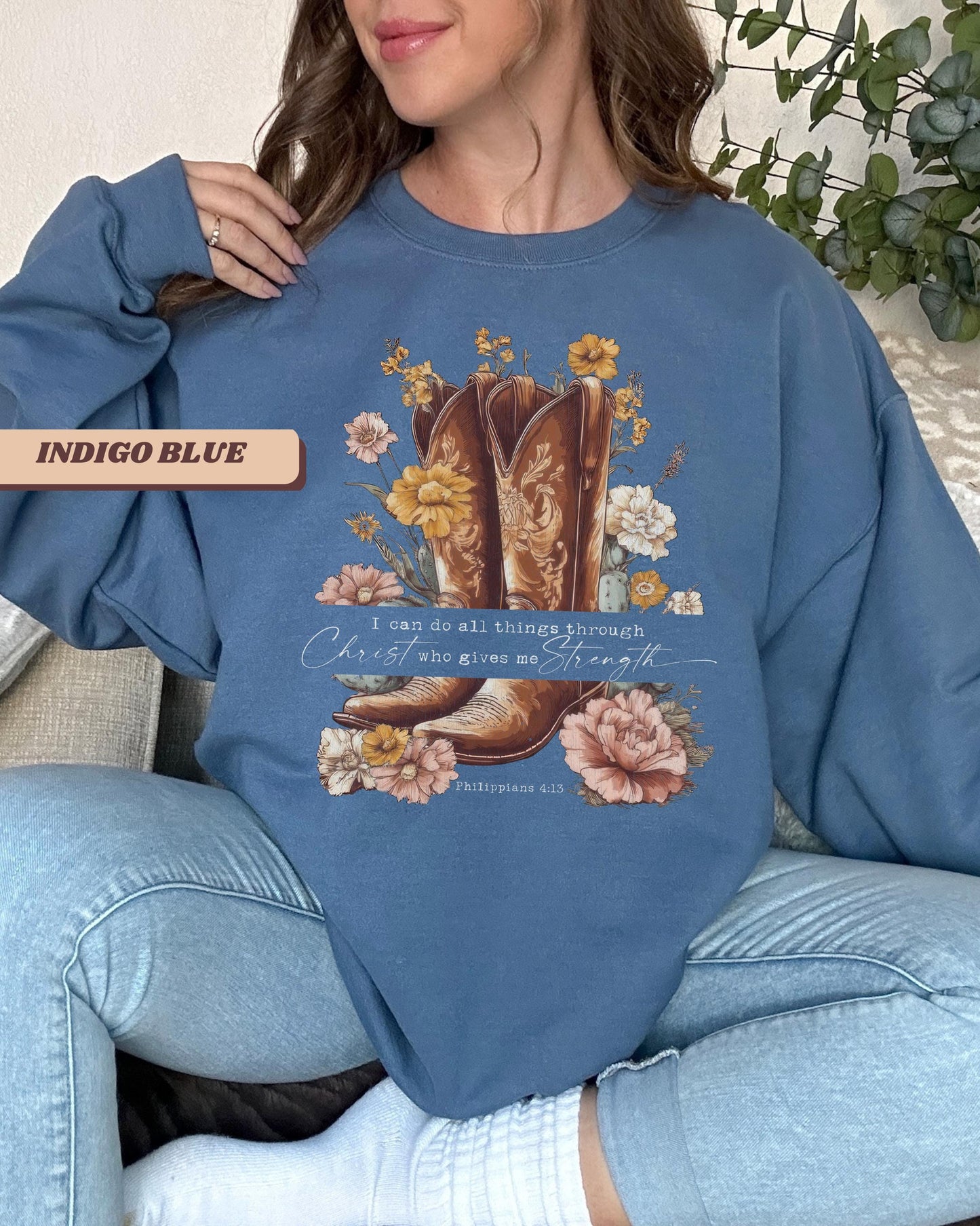 Philippians 4:13 fall Western Cowgirl Distressed Graphic Crewneck
