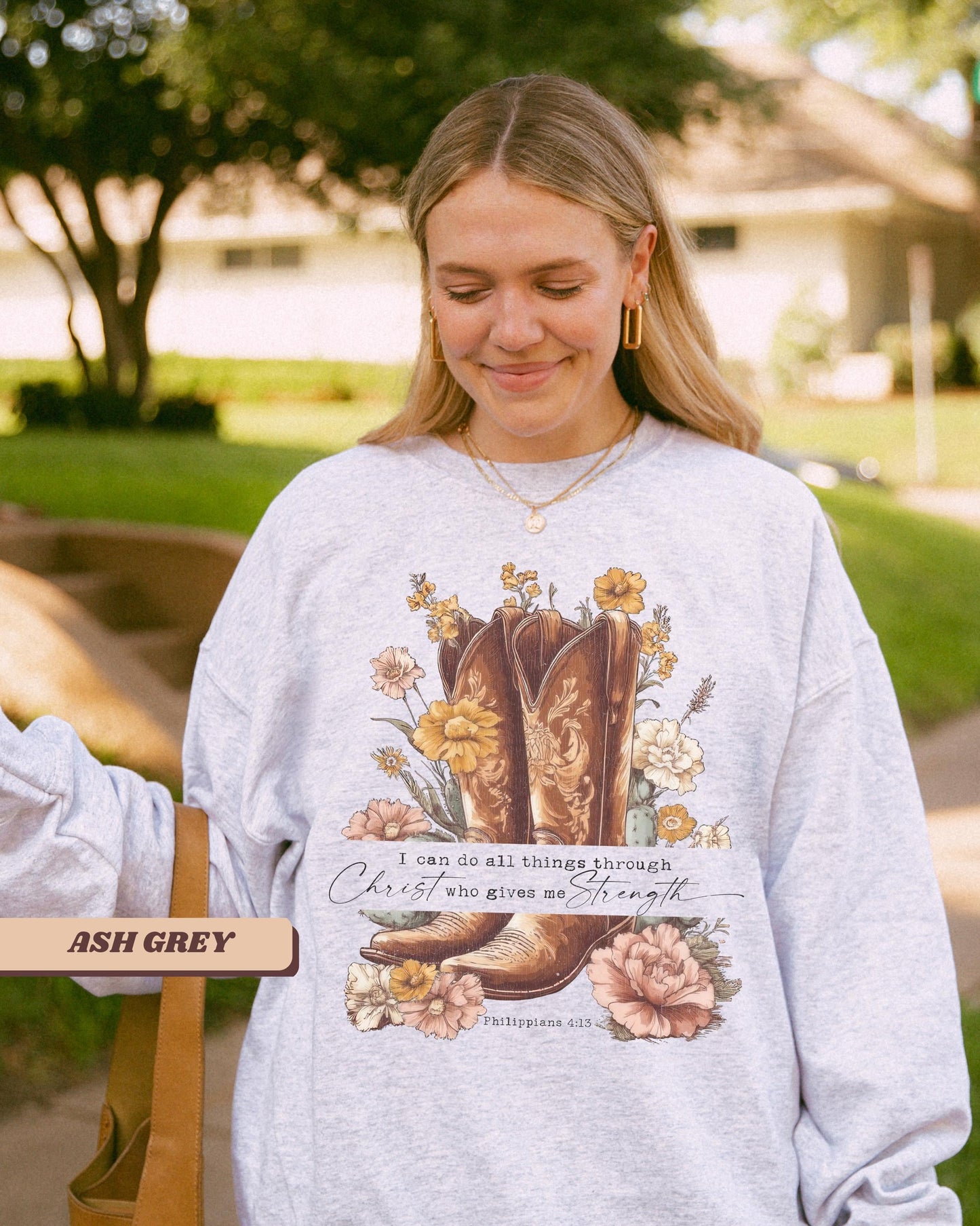 Philippians 4:13 fall Western Cowgirl Distressed Graphic Crewneck