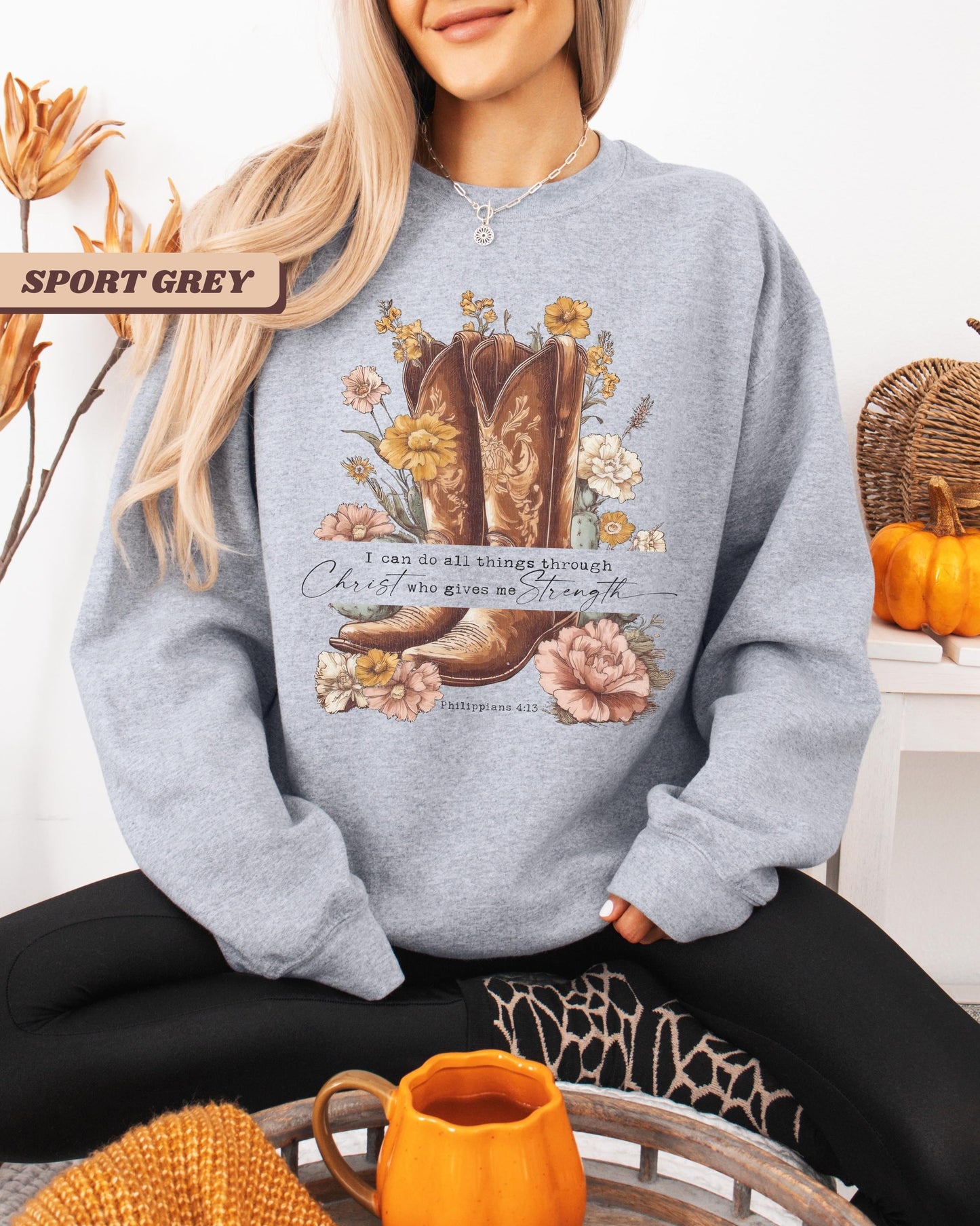 Philippians 4:13 fall Western Cowgirl Distressed Graphic Crewneck