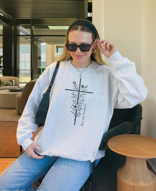 Floral Cross Christian Sweatshirt: He is Risen Easter Apparel
