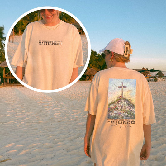 God Turns Broken Pieces Into Masterpieces Shirt: Christian Graphic Tee