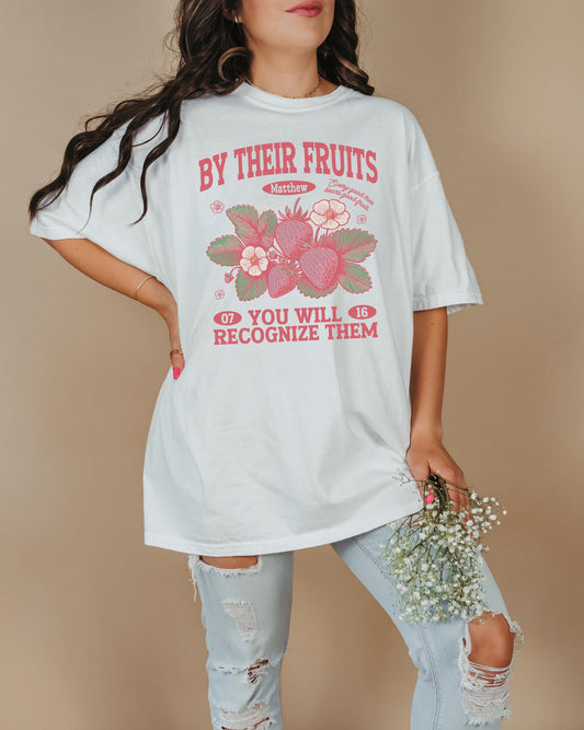 By Their Fruits Bible Verse T-Shirt, Christian Graphic Tee, Matthew 7:16 Scripture Shirt, Faith Based Tee, Fruit of the Spirit Tshirt