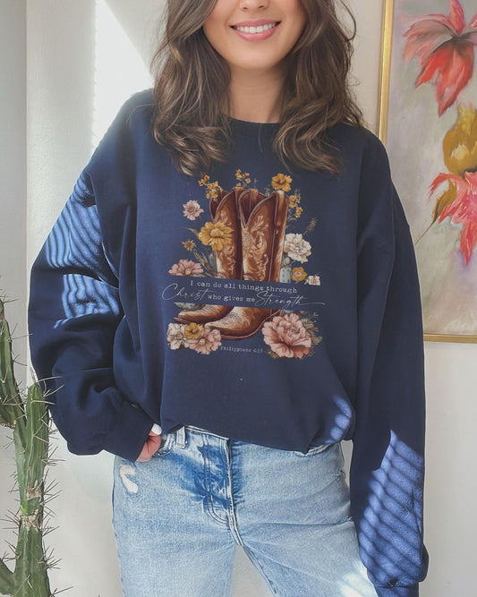 Philippians 4:13 fall Western Cowgirl Distressed Graphic Crewneck